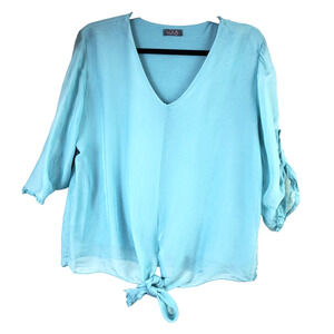 LOLA Made In Italy Womens Top Blue Round Neck‎ Silk Layered Tie Front Flowey